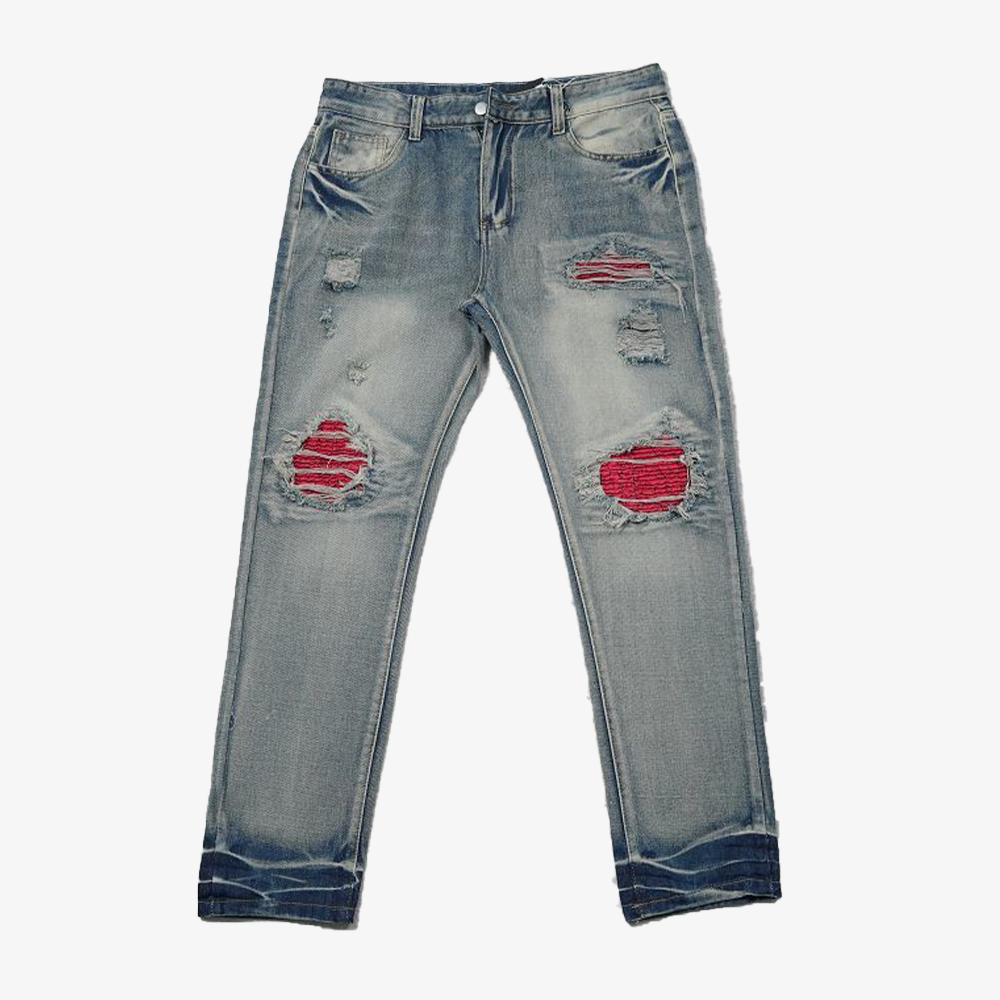 AMlRI BLUE/GREY JEANS RED PATCHS