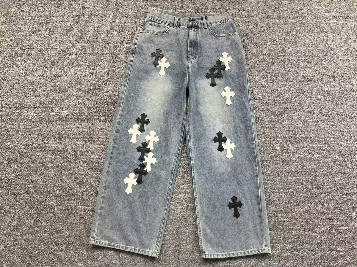 CHROME GREY JEANS BLACK WHITE CROSS