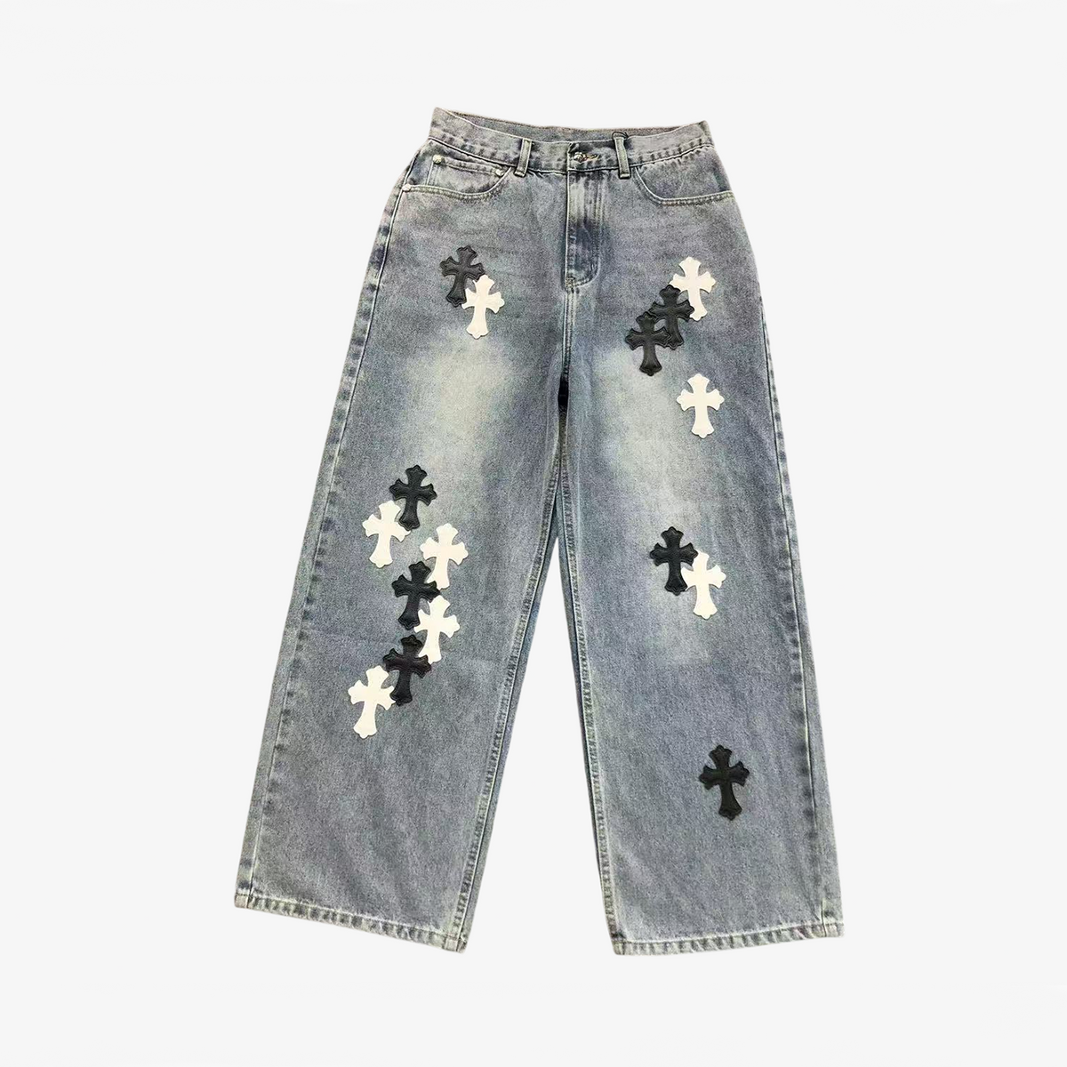 CHROME GREY JEANS BLACK WHITE CROSS